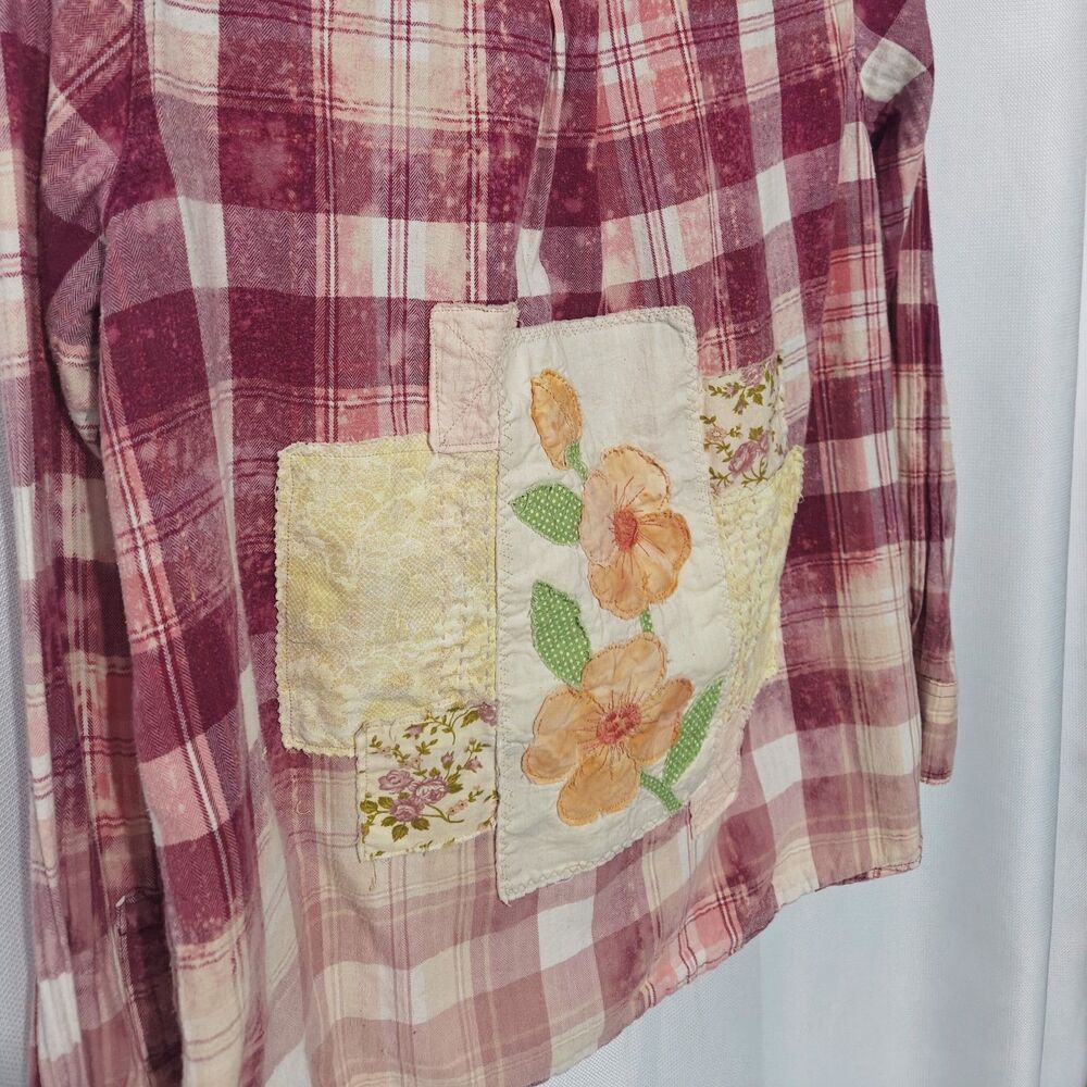 Upcycled Shabby Patchwork Flannel Shirt L Flower Festival Artsy Boho Hippie - Picture 9 of 11